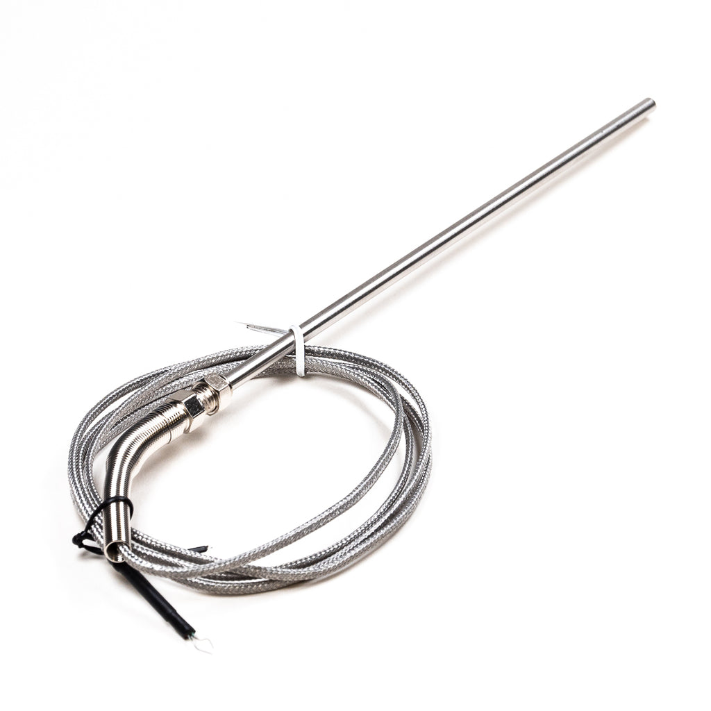 Stainless Steel K-type Thermocouple - This K-type thermocouple has a stainless steel probe (20cm) and braided steel cable (1.3m). It's ideal for situations where durability and tolerance of extreme conditions are required when measuring temperatures, like ovens or freezers.