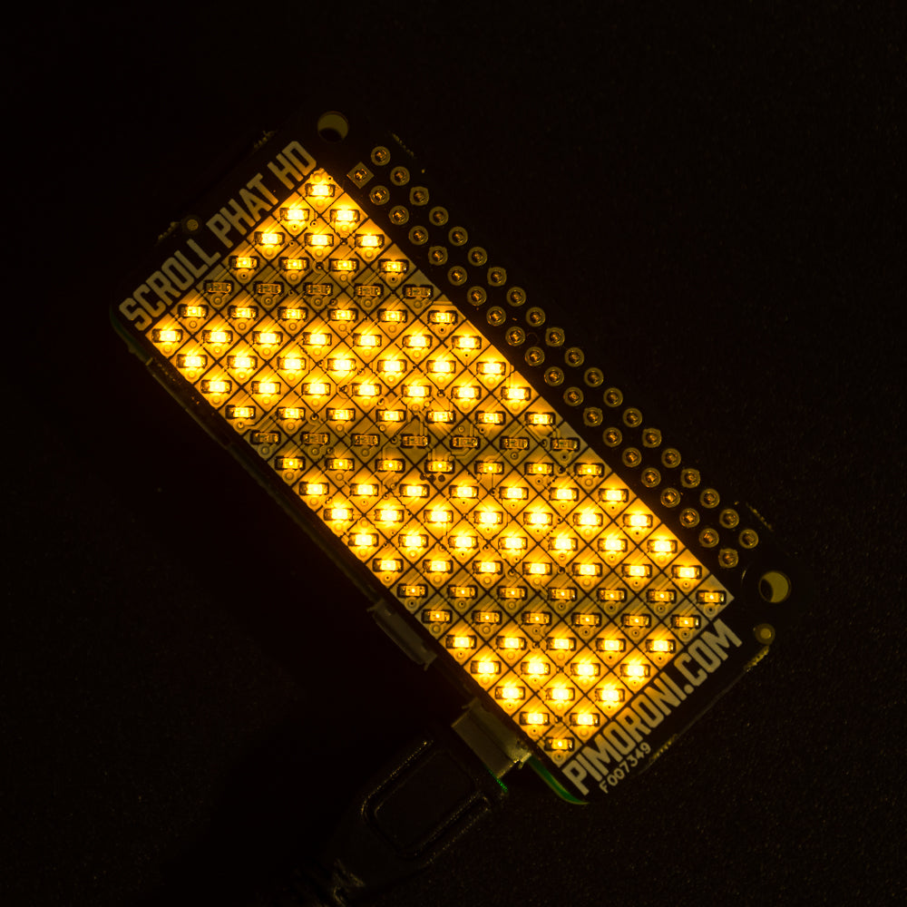 Scroll pHAT HD - A whole heap of LED pixels with individual brightness control, for scrolling messages, animations, and more - Scroll pHAT HD!