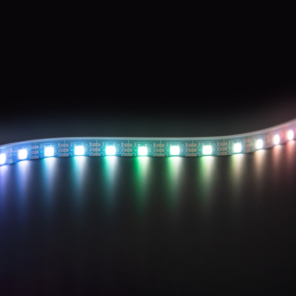Flexible RGB+W LED Strip (1 metre) - These individually-addressable (NeoPixel compatible) RGBW LED strips are great for all sorts of uses: custom desk lighting, music or data visualisation (an LED thermometer?), or art installations. They come in three different pixel-spacings.